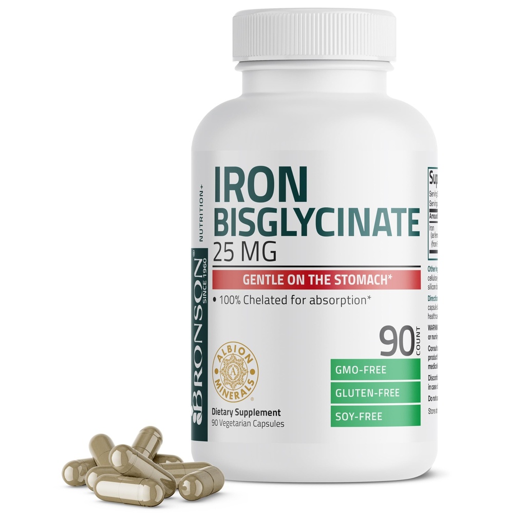 Bronson Bisglicinato de Ferro 25 mg Gentil no Estômago, Suporta Energia & Produção saudável de Células de Sangue Vermelho - Fórmula Não Constipante - Não GMO, 90 Cápsulas Vegetarianas