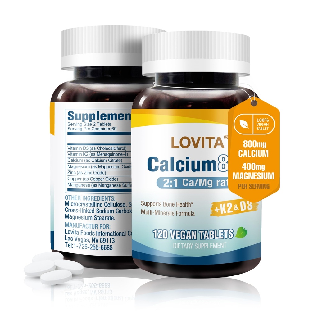 LOVITA Citrato de cálcio 800 mg com magnésio, vitamina D3 & K2, força óssea e densidade Suplemento para mulheres e homens, Suporta dentes, Saúde Imune, Glúten livre, Não-GMO, 120 comprimidos Vegan