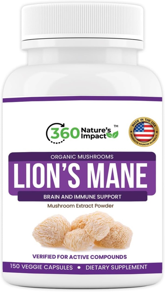 360 Cápsulas de Suplemento de Cogumelo Mane de Impacto da Natureza (150 Cápsulas) para Suplemento de Apoio à Saúde do Cérebro, Suplemento Orgânico com Beta-Glucans e Hipromelose para Sistema Cognitivo