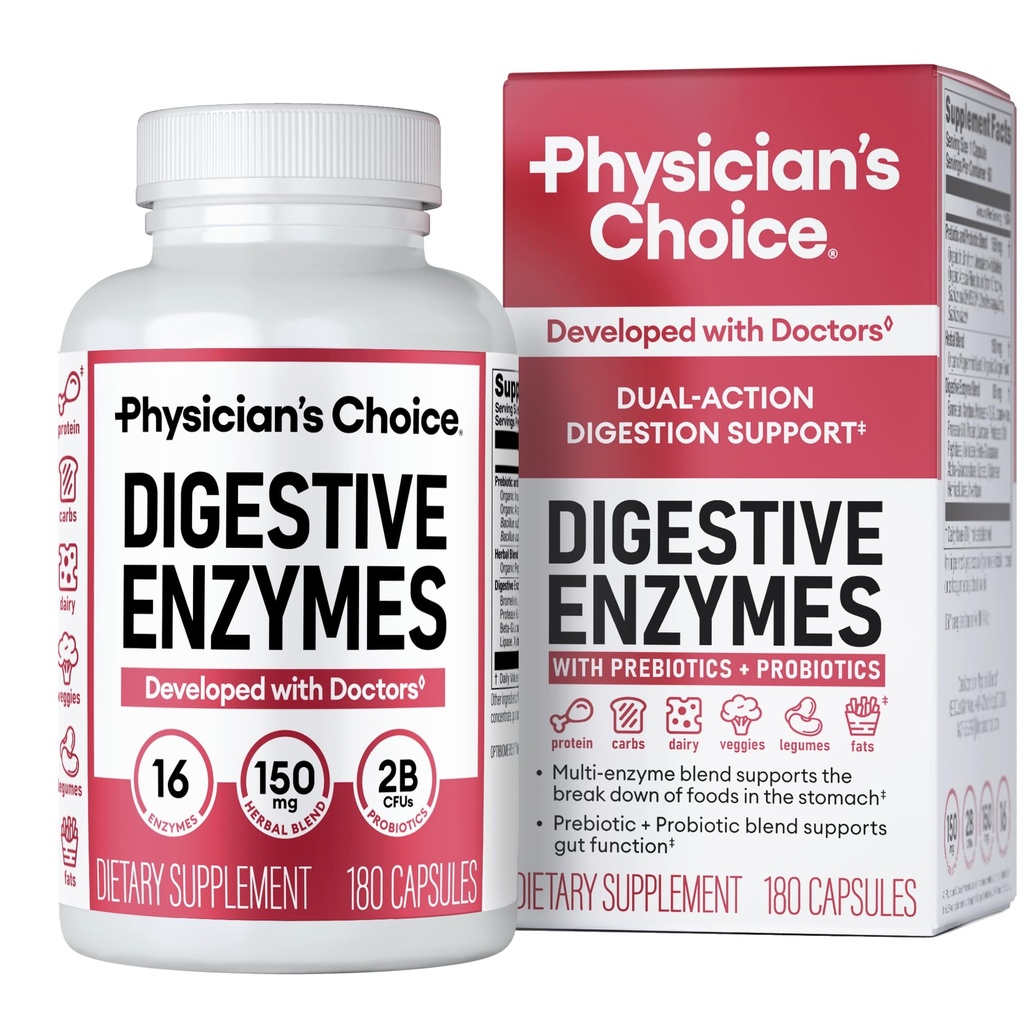 Enzimas Digestivas da Escolha Médica - Multi Enzimas, Prebióticos Orgânicos e Probióticos para Saúde Digestiva & Gut Health - Refeição Tempo Desconforto alívio & Bloating - Dual Action Approach - 180 CT