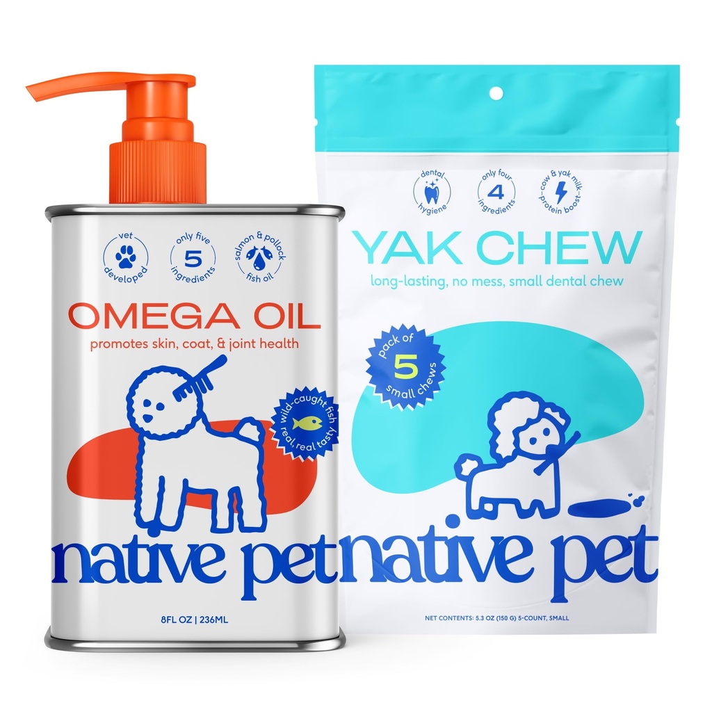 Óleo de Ômega de estimação nativo para cães - Suplementos de óleo de peixe 8 Oz & 5 Pequeno Yak Chews para cães