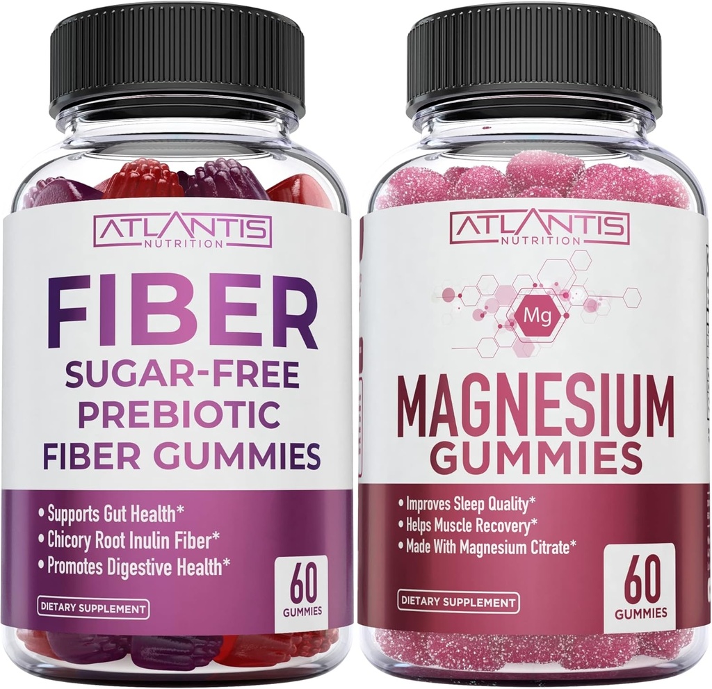 Nutrição Atlântida Gummies de Fibra Prebiótica Livre de Açúcar para Adultos 2-Pack (120 chicletes) + chicletes de magnésio - 770 MG Citrato de magnésio 60 chicletes