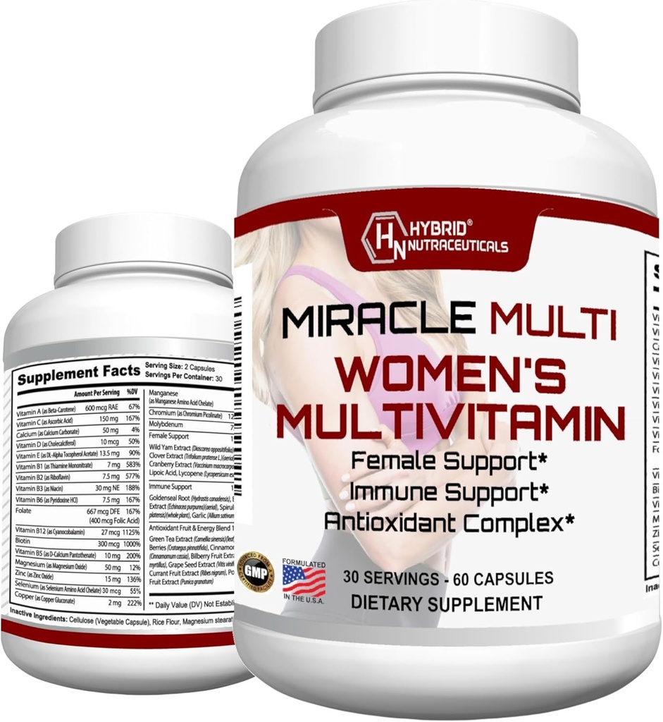 MilagreMulti Multivitamin para Mulheres - Fórmula de Apoio Feminino, Apoio Imune, Minerais, Biotina, Antioxidantes e Superalimentos Mistura – 60 Cápsulas