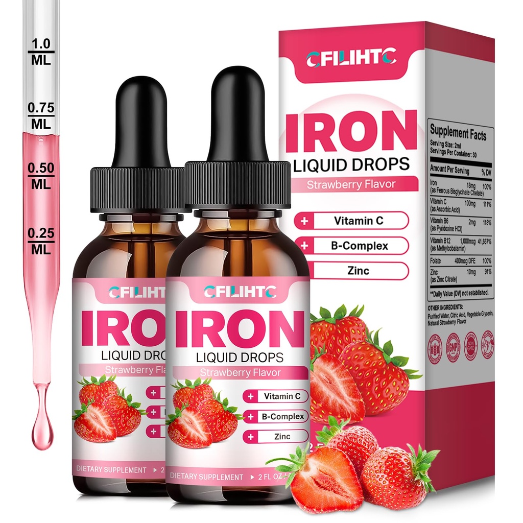 Suplemento de Ferro Líquido para Mulheres Homens & Crianças Gotas de Ferro Multivitamínico com Folato, Vitamina C, B6, B12, Zinco para Anemia, Deficiência de Ferro, Construtor de Sangue, Energia - Natural Morango Flavor, Vegan 4 Fl Oz