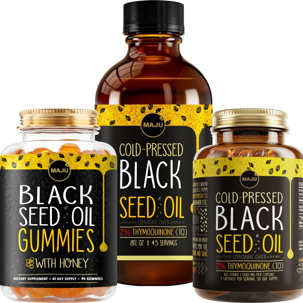 Maju Superfoods Black Seed Oil 3 em 1 pacote, chicletes, cápsulas, & líquido