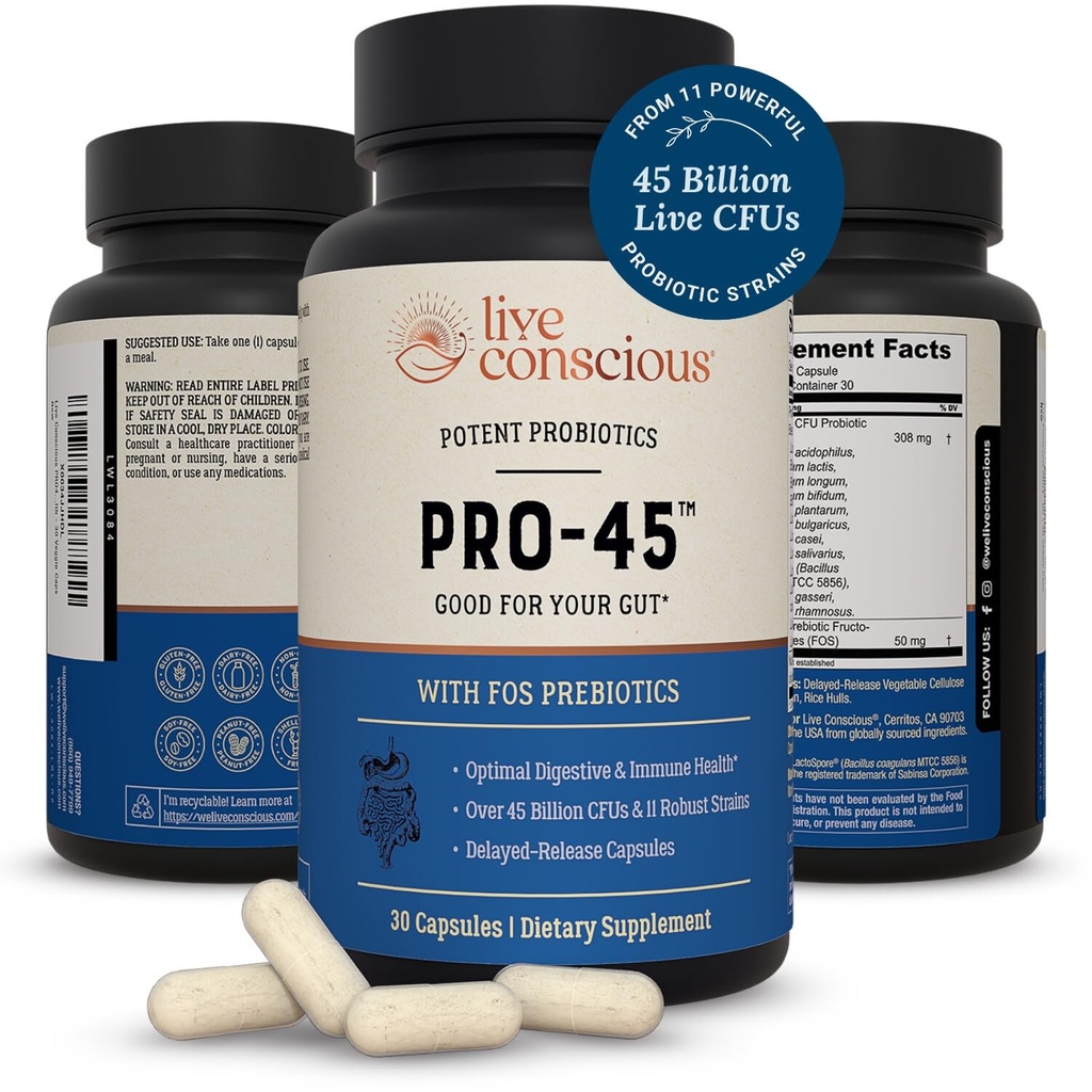 PRO45 Probióticos Consciente ao Vivo para Mulheres e Homens: Fórmula abrangente, 45 bilhões de UFC, 11 deformações, lacticínios grátis - m/Prebióticos e Probióticos - Promove Imune & Gut Health - 30 bonés vegetarianos