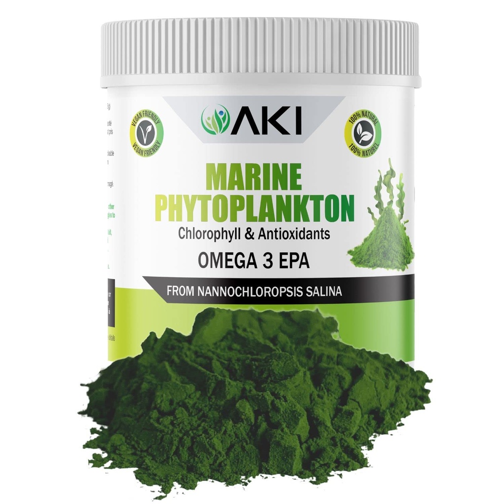 AKI Marine Phytoplancton Powder - Fonte de Raw Omega-3 EPA Micro Algas Nannochloropsis - Proteínas baseadas em plantas, vitaminas para o bem-estar geral - Fonte de proteína completa, Vegan & OGM grátis (2 oz/57g)