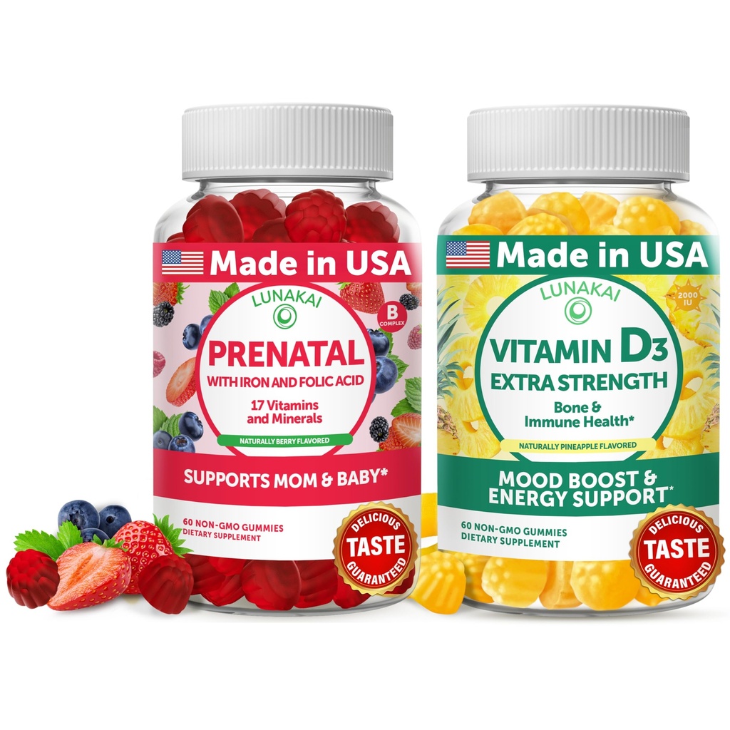 Pacote de Gummies de Pré-Natal e Vitamina D3 de Lunakai - Gravidez Gummy multivitamínico com ferro e ácido fólico - Imunidade, osso e humor Suporte Suplemento para Adultos - 30 Dias de Fornecimento