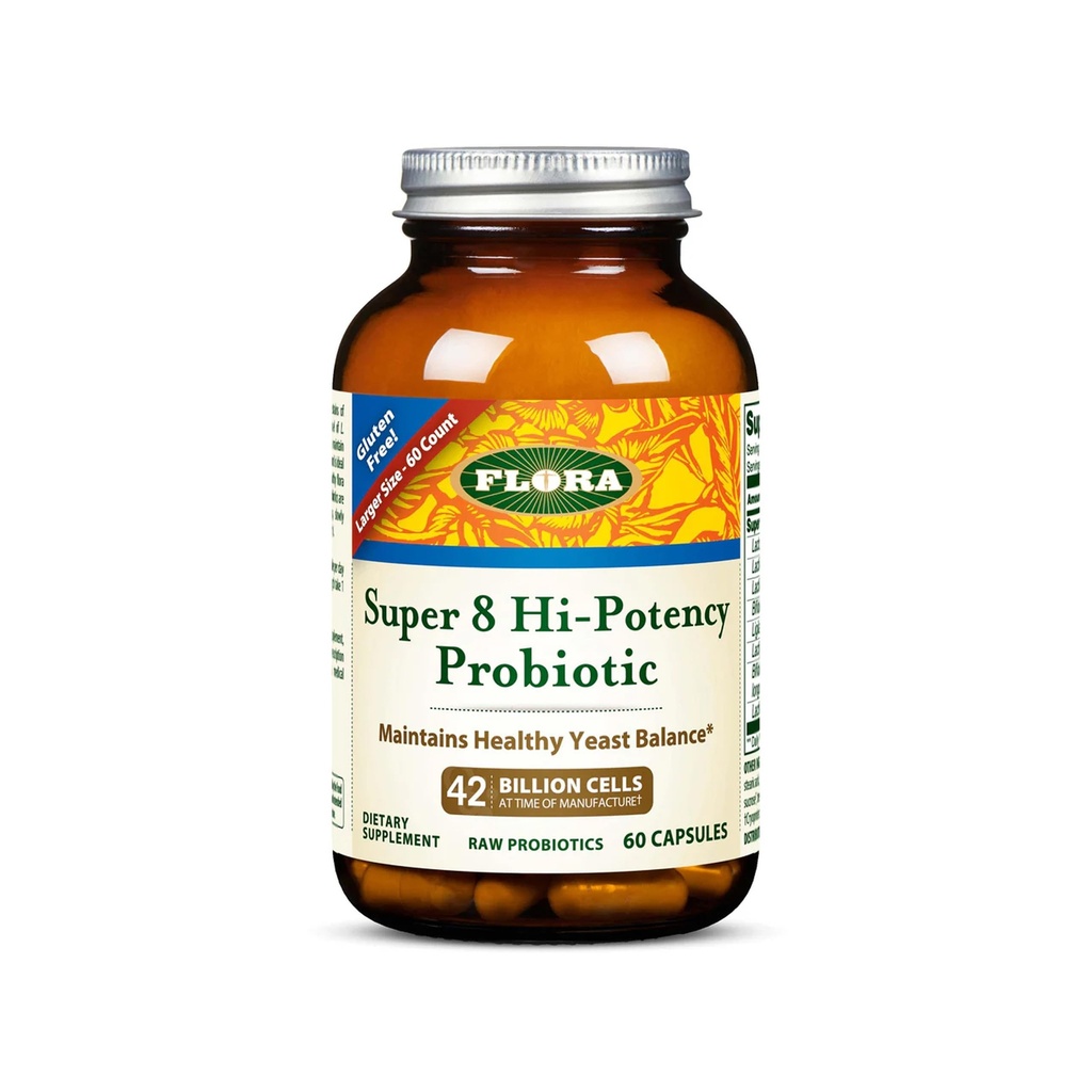 Flora - Super 8 Probiótico de Hi-Potency - Probiótico diário para Gut & Digestive Health - 42 bilhões UFC - Contém Lactobacillus & Bifidobacterium Strains - Manter frio - 60 cápsulas