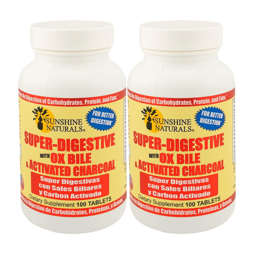 Sunshine Naturals Super Suplemento Digestivo. Carvão de Ox Bile e ativado para suporte digestivo, alívio de inchaço, limpeza de tripa, absorção de nutrientes e bem-estar geral. 100 Comprimidos. Embalagem de 2