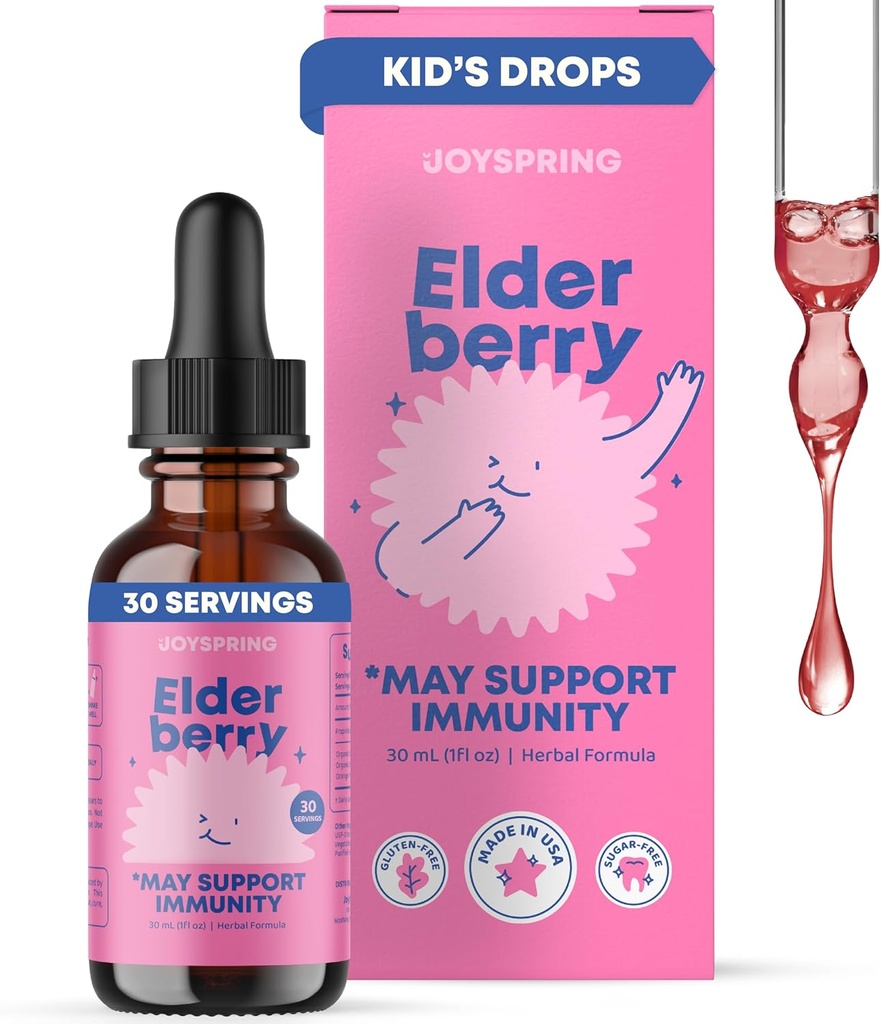 JoySpring Elderberry para crianças & Crianças Imune Suporte Líquido (1 fl oz) □ Orgânico Toddler Elderberry gotas com vitamina C