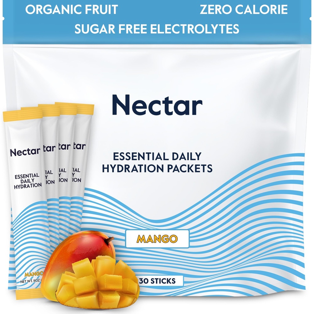 Pacotes de Hidratação Nectar - Eletrólitos em Pó - Açúcar Livre & 0 Caloria - Eletrólitos líquidos de frutas orgânicas diariamente IV Pó para Alivio de Desidratação e Reidratação Rápida (Mango 30 Pack)