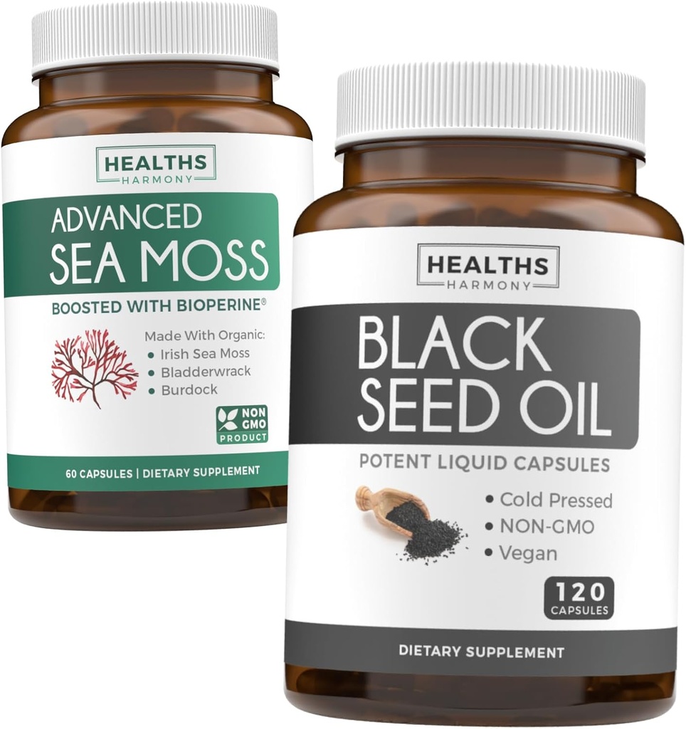 Black Seed & Sea Moss (1-fornecimento de mês) Nurishing Natural Bundle of Black Seed Oil 120 Cápsulas Softgel (Não-GMO & Vegan) Cold-Pressed Nigella Sativa & Irish Sea Moss Cápsulas (Não-GMO & Organic)