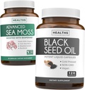 Black Seed & Sea Moss (1-fornecimento de mês) Nurishing Natural Bundle of Black Seed Oil 120 Cápsulas Softgel (Não-GMO & Vegan) Cold-Pressed Nigella Sativa & Irish Sea Moss Cápsulas (Não-GMO & Organic)