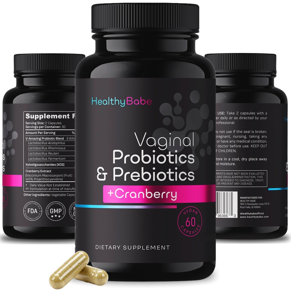 Probióticos Vaginais Babe saudável para Mulheres + Prebióticos & Pílulas de cranberry, equilíbrio de pH, Odor saudável, Levedura, Suporte imunológico, Saúde positiva do microbioma, Acidophilus Probiótico da mulher, 60 Cápsulas Vegan