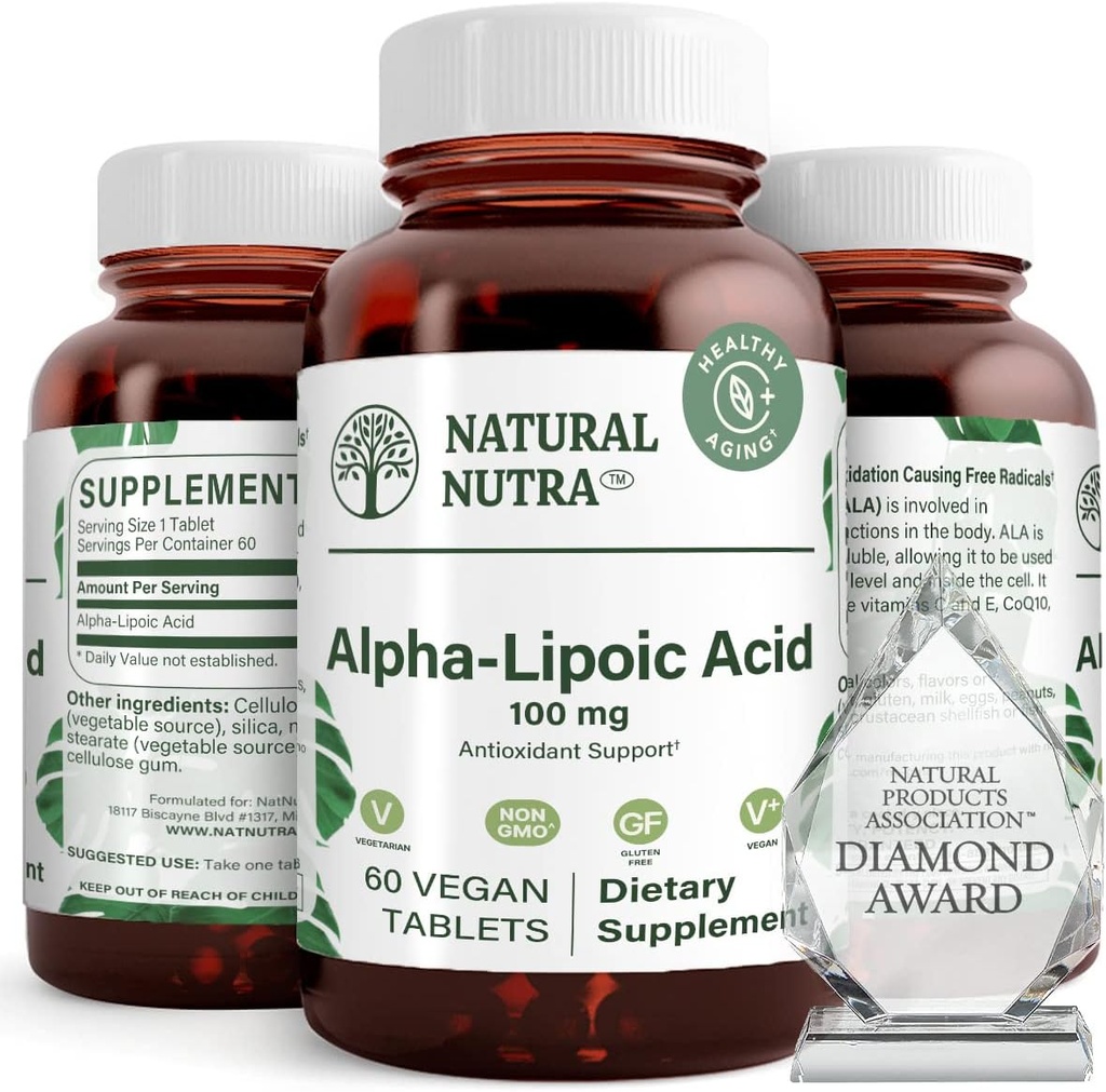 Natural Nutra R-Alpha ácido lipoico, melhorar a saúde óssea e cardíaca, melhorar a função de memória, melhorar a função nervosa contribui para a saúde geral, Glúten livre 100 mg, 60 Vegan e tablets vegetarianos.