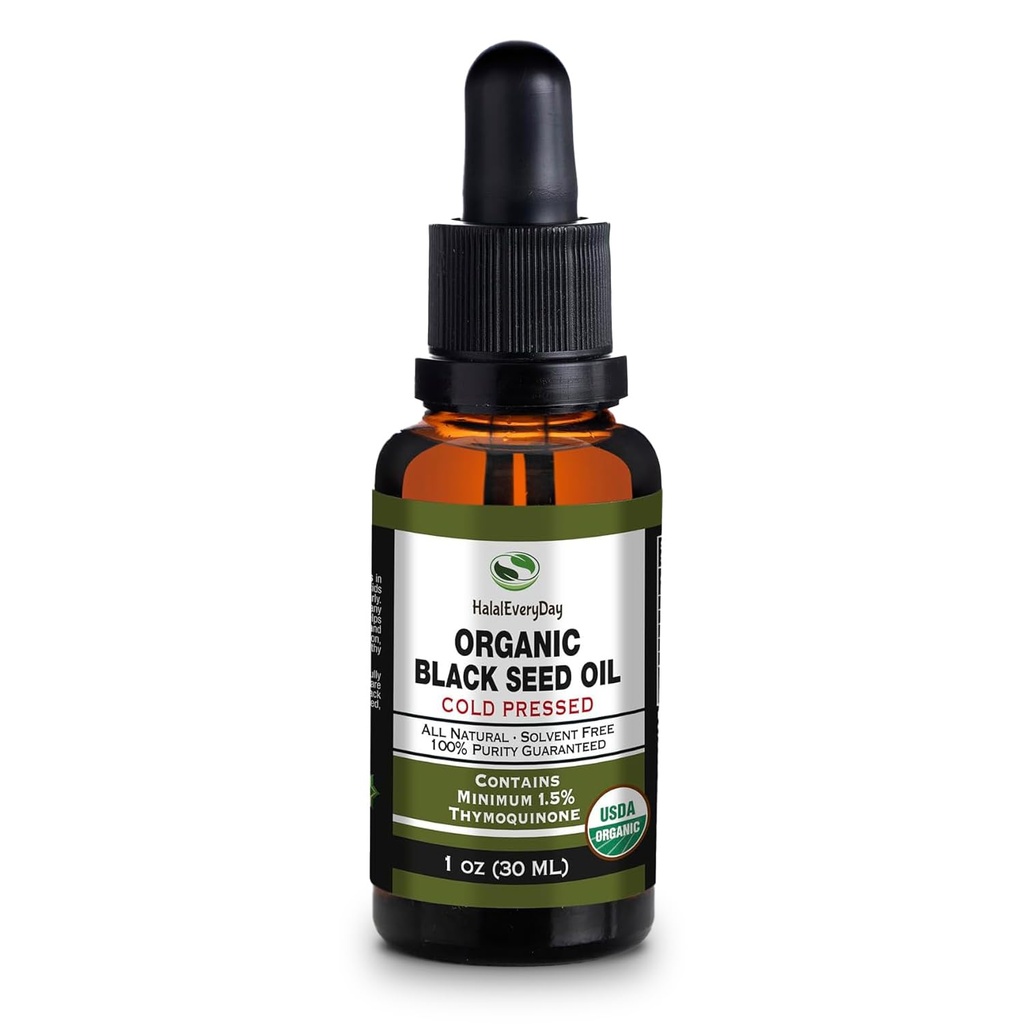 Óleo de Semente Negra Orgânica - USDA Garrafa de Vidro Pressionado Frio Mais de 1,5% Thymoquinone 3X força Turkey Black Cumin Nigella Sativa non-GMO 100% Puro Óleo de Sementes Negras (1 oz garrafa Dropper de vidro)