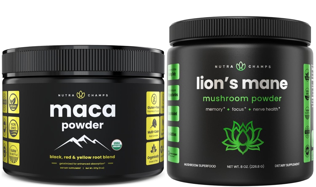 NutraChamps Maca Orgânico & Pó de Mane Leão Orgânico