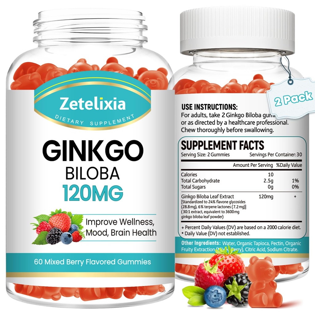 2 Pacote Ginkgo Biloba Gummies para mulheres e homens, Suplemento do cérebro melhorar o humor e foco, Vegan misto sabor Berry 120 Conde