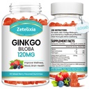 2 Pacote Ginkgo Biloba Gummies para mulheres e homens, Suplemento do cérebro melhorar o humor e foco, Vegan misto sabor Berry 120 Conde