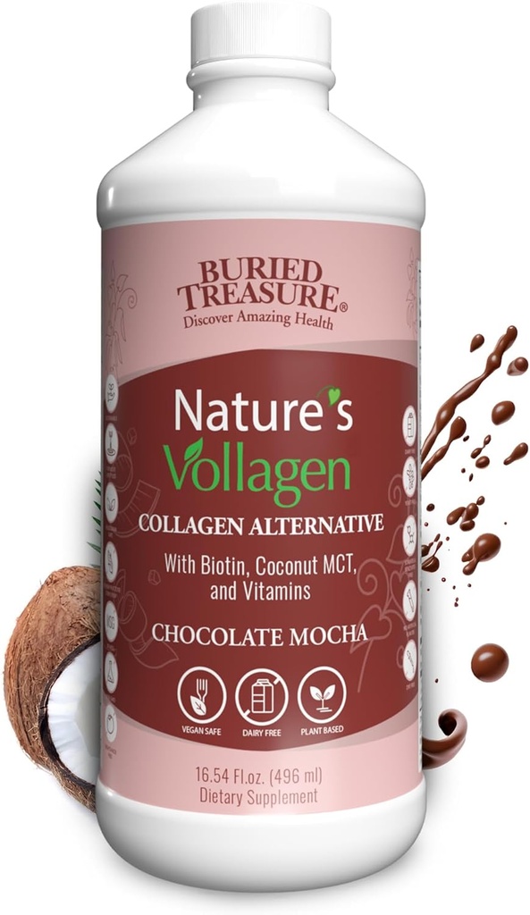 Tesouro Enterrado Vollagen Natureza – 2000mg Complexo de Vollagen, Pele, Cabelo e Saúde Conjunta, 100% Baseada em Plantas, Sem Glúten, Sem Soja, Sem Leite, Chocolate Mocha Flavor, 16oz Líquido