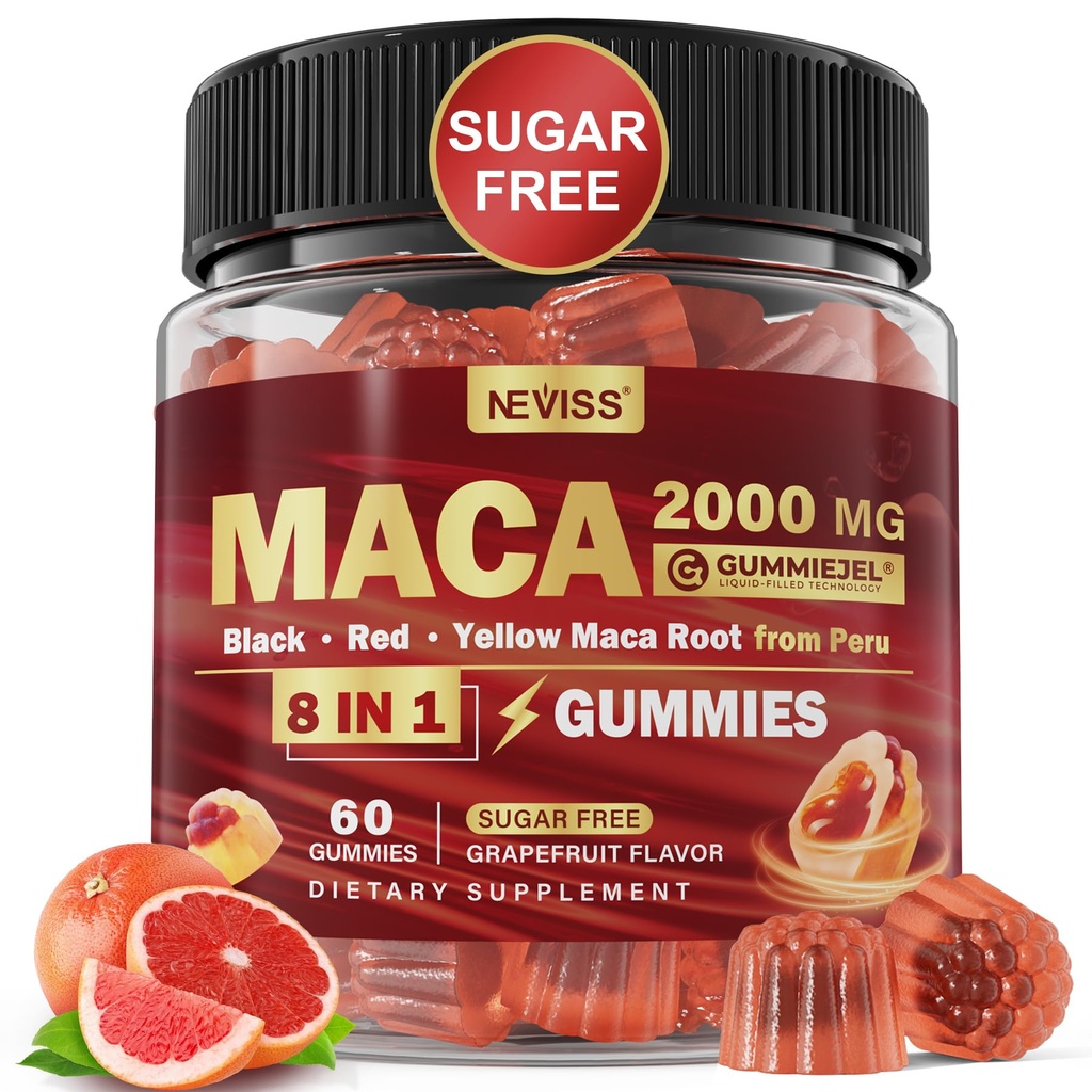 Maca Root chicletes recheados 2000mg para os homens mulheres Livre de açúcar □ Orgânico Preto, Vermelho, Amarelo Maca Root Supplement Gummy Chews com Ashwagandha Ginseng & Zinc ; Vegan, Não-GMO, Grapefruit Flavor, 60 Conde
