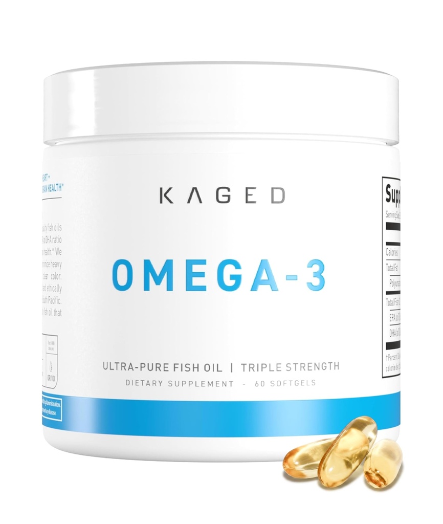Kage Omega 3 suplemento de óleo de peixe, 3000mg de ácido gordo Omega 3 com EPA & DHA, ultra-puro, sem arrotos de peixe, 60 comprimidos