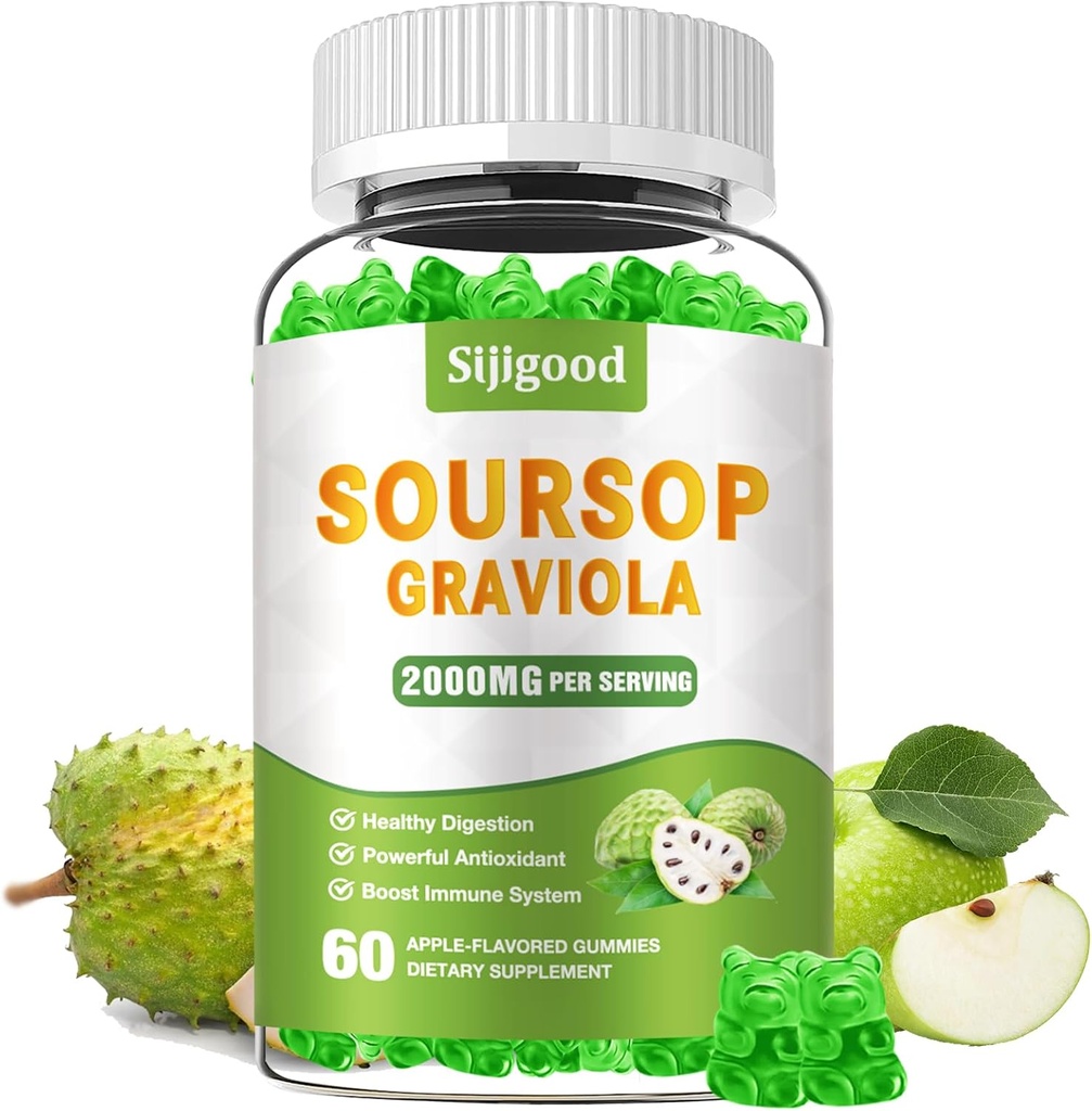 Açúcar sem Soursop Gummies Graviola - Folhas de Soursop Orgânico e Extrato de Fruta - Ajuda Digestiva, Suporte Imune e Propriedades Antioxidantes - 60 Pastilhas com sabor de maçã