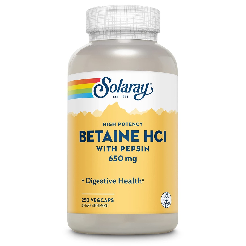 Solaray Betaína de alta potência HCL com Pepsina - Suplemento de ácido clorídrico para a saúde digestiva - com cloreto de betaína e enzimas digestivas - Gut Health Support - 60 dias de garantia, 250 VegCaps