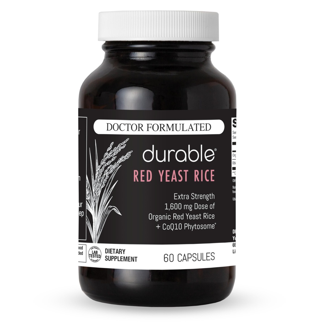 Rice de fermento vermelho durável – Orgânico 1.600 mg Força extra + CoQ10 Fitossoma – Suporta Colesterol saudável, Coração, Lipídeos e Circulação – Doutor Formulado, Não-GMO, Vegan, Made in USA (60 Cápsulas).
