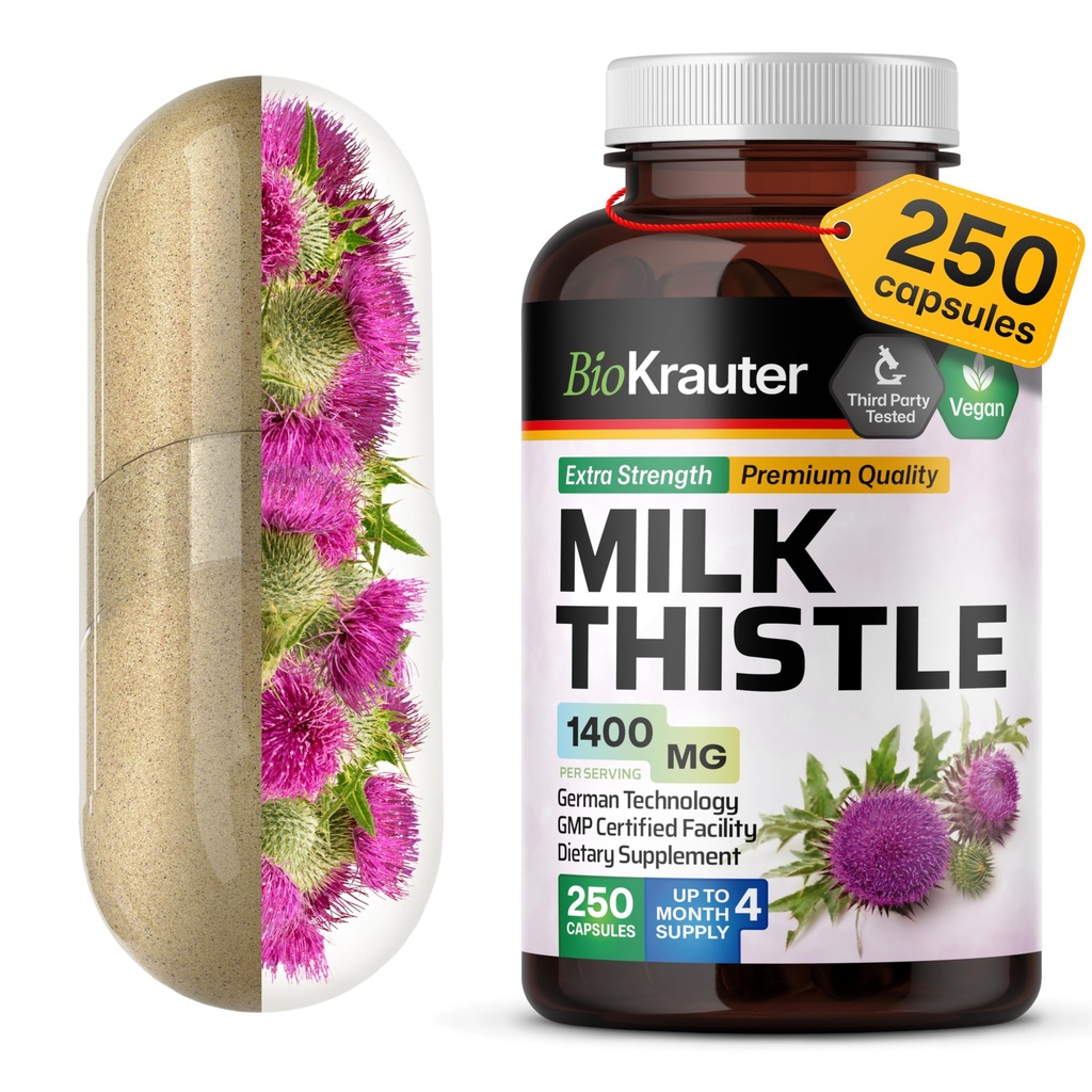 BIO KRAUTER® Light Thistle Supplement for Liver Cleanse & Detox - Puro Trevo Vegan Milk Extract 1400 mg por serviço Сontains Silymarin - 250 Cápsulas, 125 Dias de Abastecimento, Não-GMO