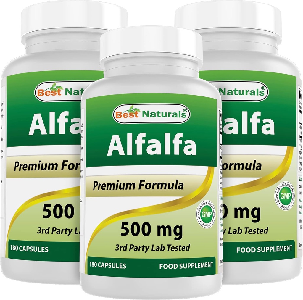 Melhor Natural Alfalfa Verde Super Food 500 mg 180 Cápsulas (180 Count of 3))