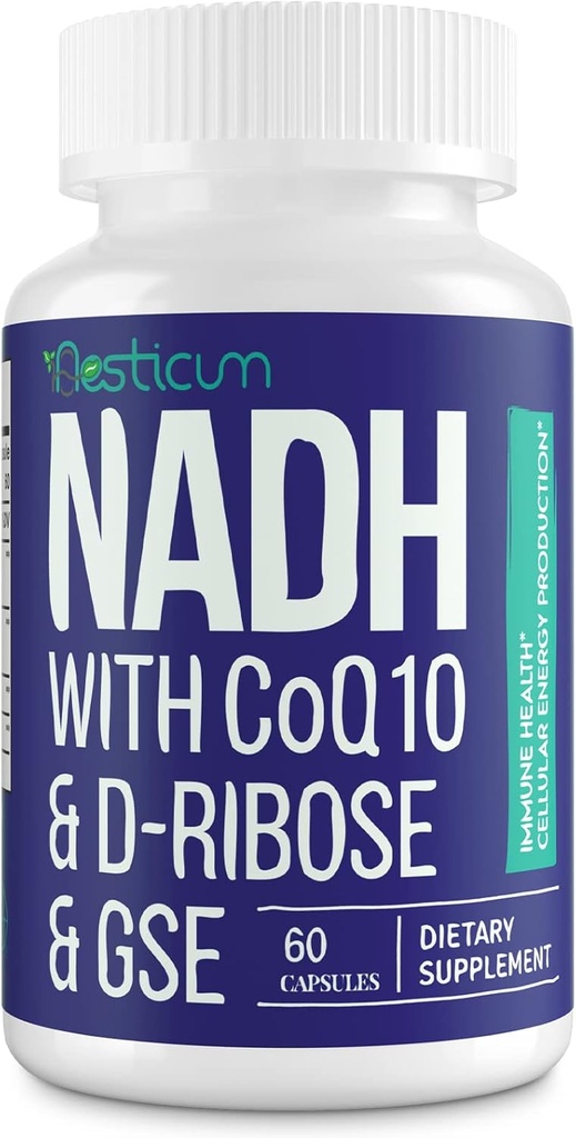 NADH 50mg + CoQ10 200mg + D-Ribose 150mg Suplemento, aumentando NAD+ Suplementos para Sistema Imune, Energia Celular, Foco, Nicotinamida Reduzida Adenine Dinucleotide, 60 Cápsulas Veggie