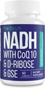 NADH 50mg + CoQ10 200mg + D-Ribose 150mg Suplemento, aumentando NAD+ Suplementos para Sistema Imune, Energia Celular, Foco, Nicotinamida Reduzida Adenine Dinucleotide, 60 Cápsulas Veggie