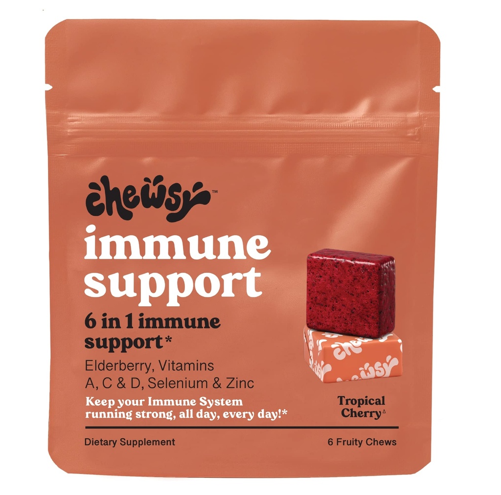 Chewsy - 6-em-1 Immune Apoio Mastigação frutada com Elderberry - Vitamina C, A e D, Zinco e Selênio - Individualmente embrulhado - 6-Dia Fornecimento