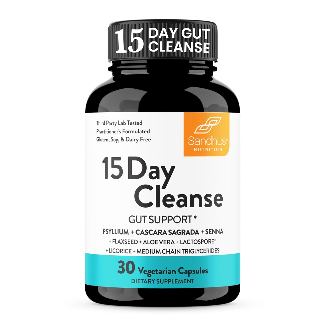 Sandhu's 15 Dia Gut Cleanse Colon Detox para Mulheres e Homens Apoia Colon Cleansing & Digestive Health; Senna, Cascara Sagrada, Psyllium Husk & Probióticos; 30 Cápsulas Suplemento dietético, suprimentos de 15 dias