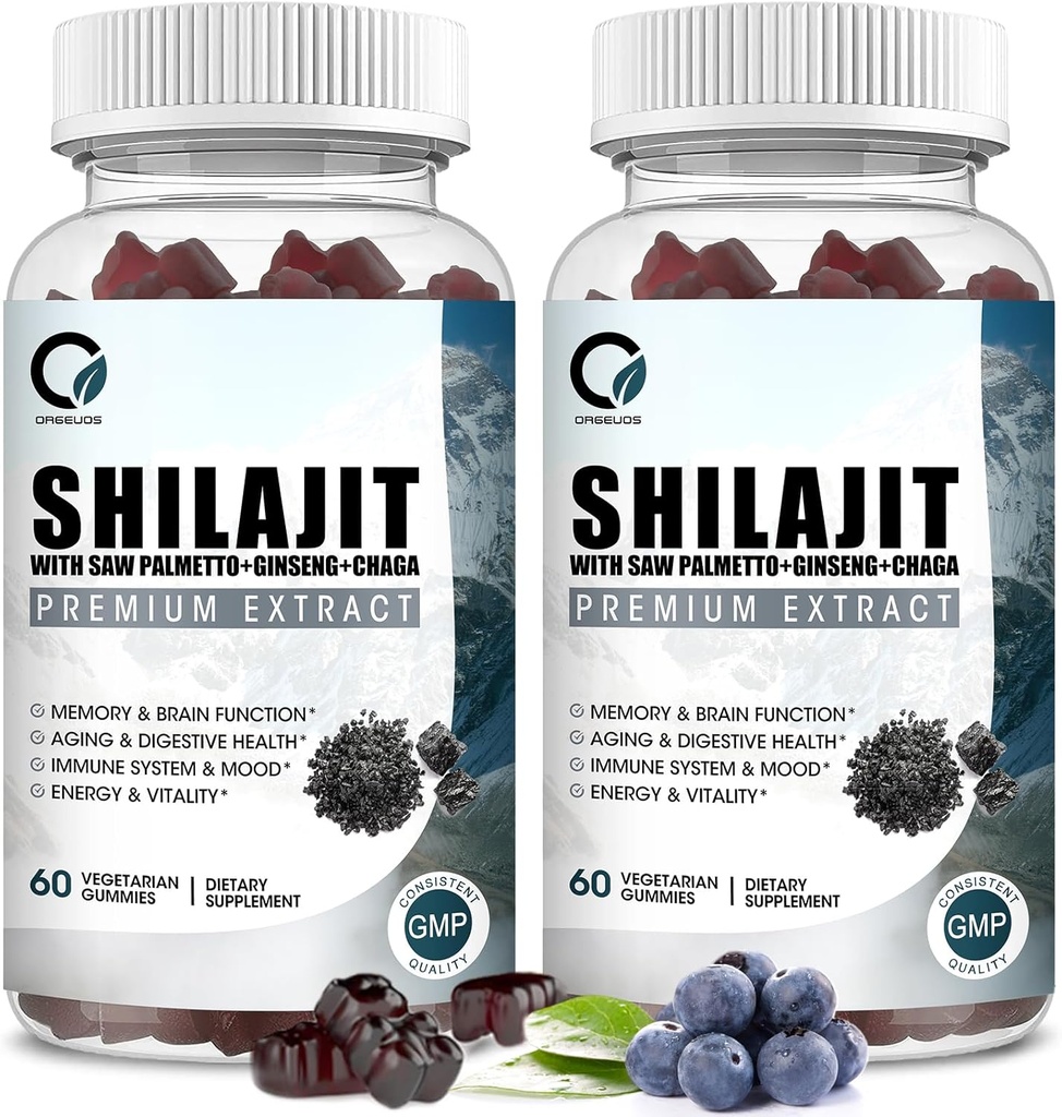 Himalayan Shilajit Gummies com 85+ Trace Minerals & Fulvic Acid for Energy, Imune, Cognitive Support Suplemento puro natural Shilajit de alta potência para homens e mulheres 60 Gummies (2 embalagens)
