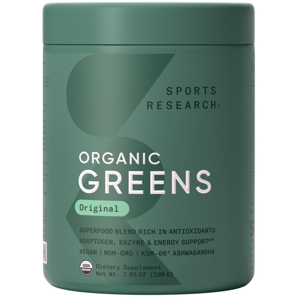 Esportes Pesquisa® Verdes Orgânicos Superalimento em pó w/Spiriulina & chlorela, Adaptogens, Enzimas, Probióticos e 8 Bs VIT para Gut & Suporte Mood * - Vegan, Açúcar-Free & Low-Cal Original 20 Servings