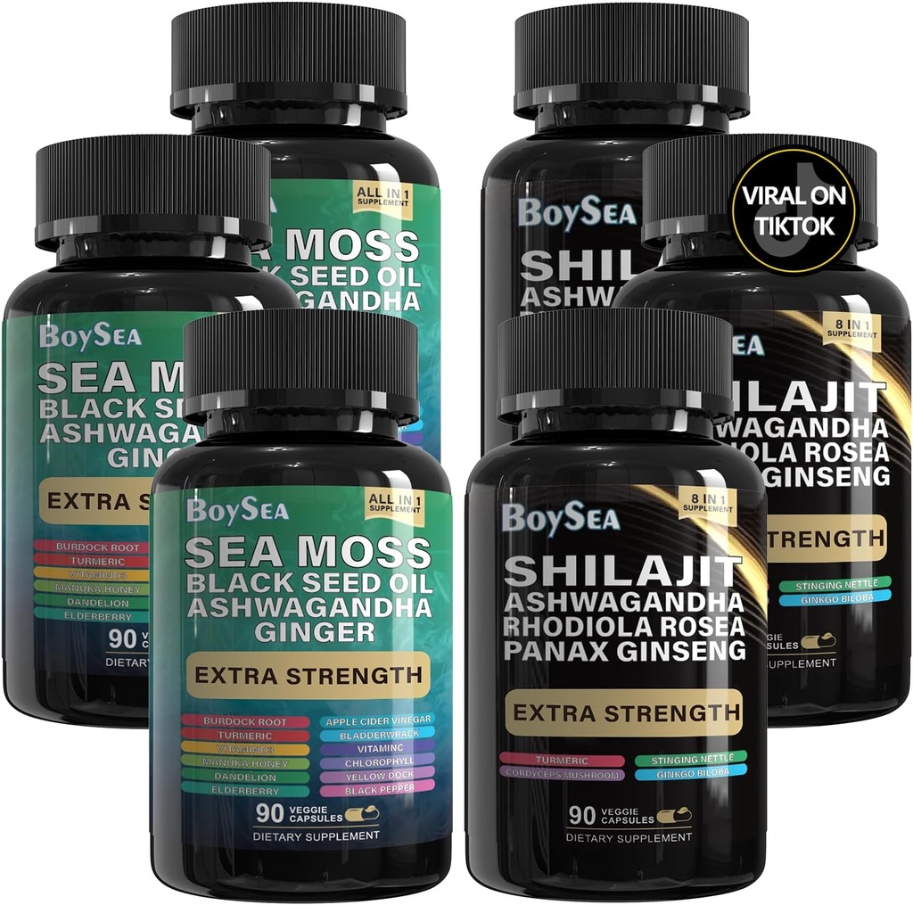 Boysea. Shilajit e Sea Moss Bundle- 90 Conde - Sea Moss, Black Seed Oil, Ashwagandha, Ginger & Shilajit, Rhodiola Rosea, Tudo em 1 Suplementos (3 Pc)