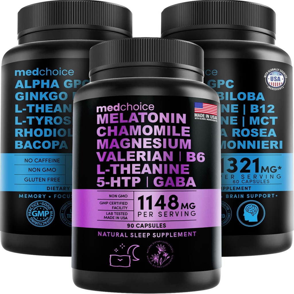 MEDCHOICE Sono Melatonina (90ct) e Nootropic Brain (120ct) Suplemento Bundle - Duo Wellness para dormir, Cérebro, Foco, & Apoio ao humor - Vegan, Não-GMO, Gluten-Free