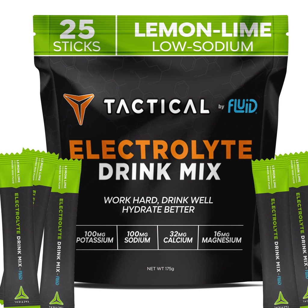 Fluid Tactical - Pacotes de pó eletrolítico, Re-Hidratação acelerada, Açúcar baixo, Mistura de bebida eletrolítica, Prevenir a desidratação, Eliminar Cãibras