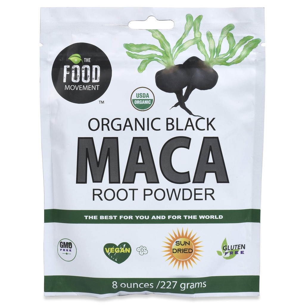 The Food Movement Co. Maca preto 8 oz Raw Food Powder - Orgânico, Não-GMO, Vegan, Gluten Free- Black Maca Root Supplement for Whole Body Wellness