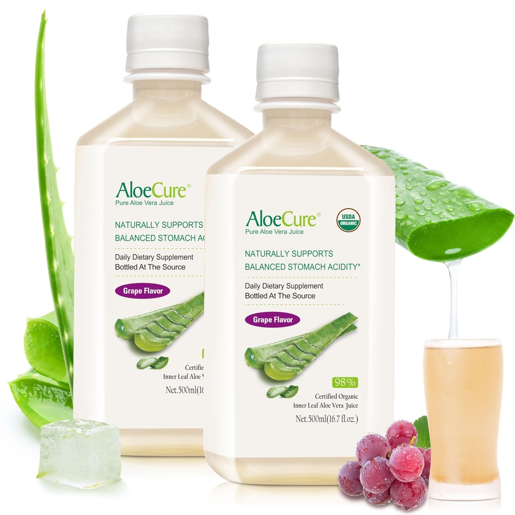AloeCure USDA Organic Aloe Vera Juice Grape Flavor, Made Within 12 Hours of Harvest - Pure Aloe Vera Digestive & Imune Health Supplement, Helps Mantain Balanced Stomach Acidez, 16.7 onças x 2 Btls