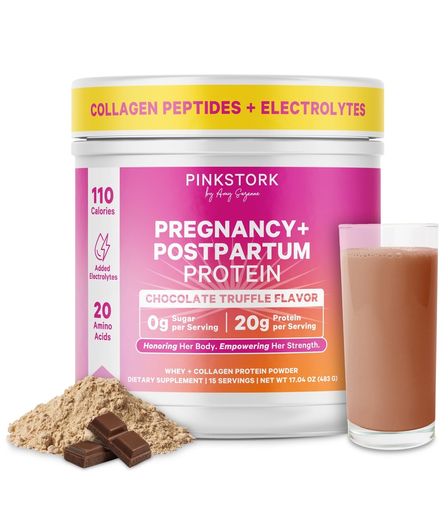 Pink Stork Gravidez e pós-parto de proteína em pó para as mulheres, 20g Whey & Colágeno, pré-natal e amamentação Mistura de Shake Protein para Energia, Recuperação e Hidratação, Chocolate, 15 Servings