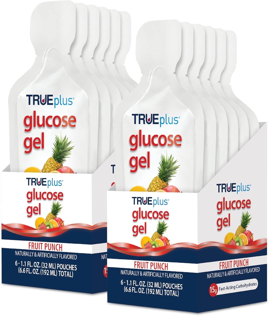 TRUEplus Glucose Gel Pouch, Fruit Punch Flavor, 15g carboidratos de ação rápida, Livre de gordura, Sem glúten, Suporte rápido para baixo açúcar e energia sanguínea, 12 Pack