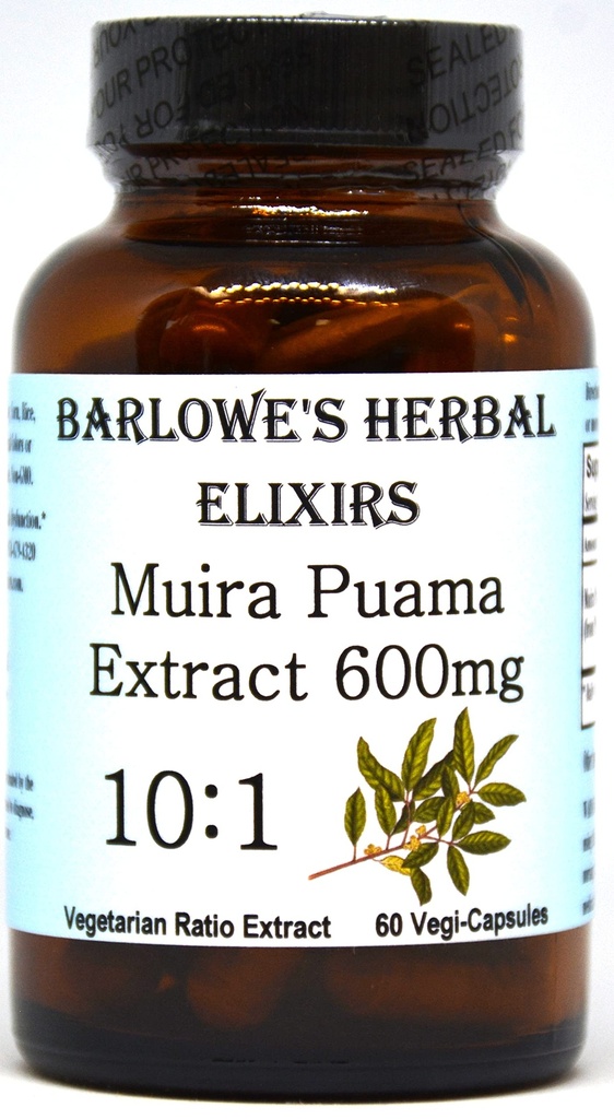Elixires de ervas de Barlowe Muira Puama 10:1 Extrato □ 600mg Por cápsula □ Suplemento de Vitalidade Tradicional Masculino □ 60 Cápsulas Vegan □ Estearato-Free, Não-GMO, Embalado em garrafa de vidro