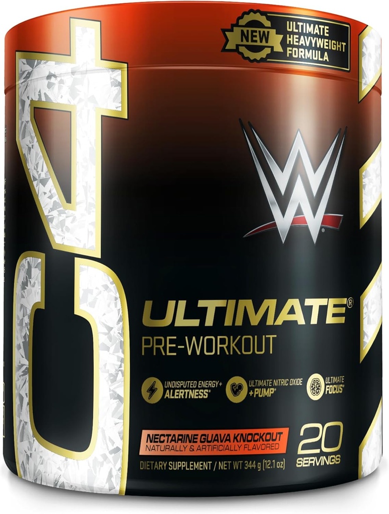Cellucor C4 Ultimate x WWE Pre Treino Pó Nectarine Guava Knockout - Açúcar Suplemento de energia pré-treino gratuito para homens e mulheres - 300mg Cafeína + 3,2g Beta Alanine + Criaturas patenteadas - 20 Servimentos
