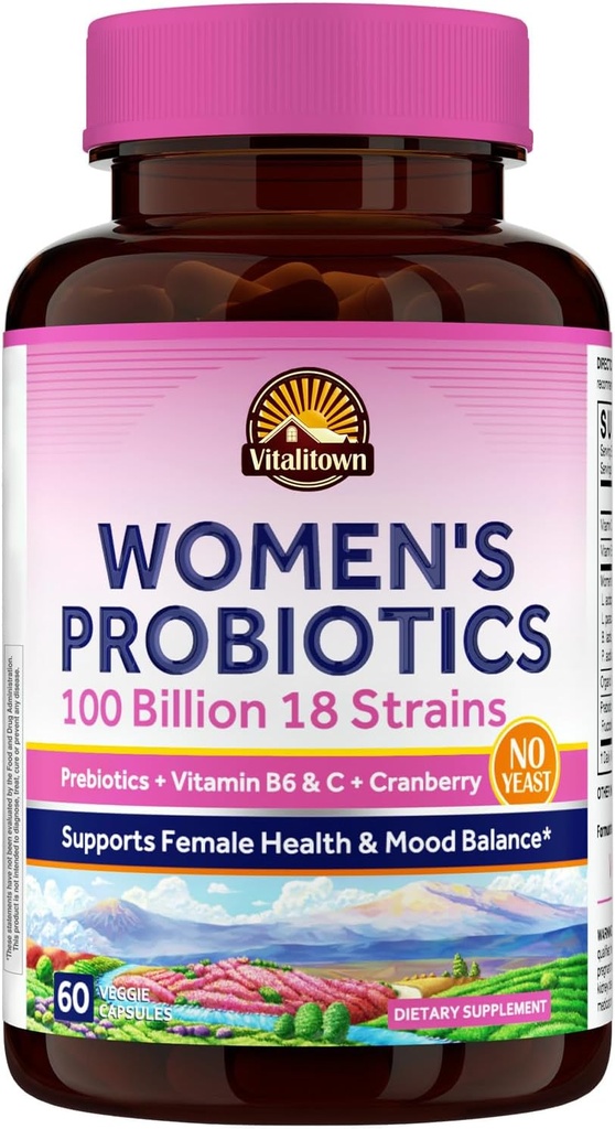 Vitalitown Probióticos femininos 100 bilhões de UFCs 18 Strains Prebióticos, VC & B6, Cranberry, prateleira estável, vaginal, urinária, Digestivo & suporte de humor , 60 Vegan Caps
