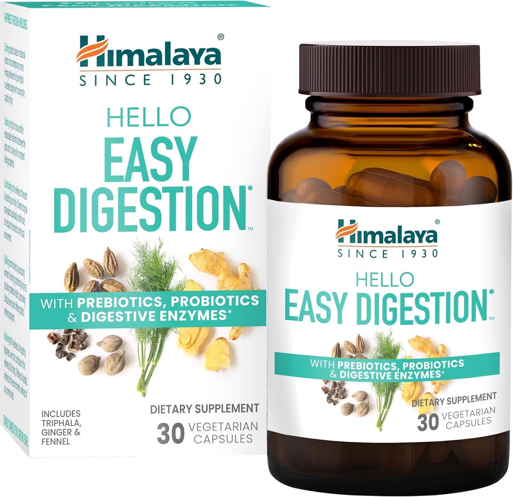 Himalaya Olá Digestão Fácil, Enzimas Digestivas com 2 Bilhões de UFC Probióticos e Prebióticos, Mais 100 mg Herbal Digestivo Suporte com Ginger, Fennel & Triphala, 30 Cápsulas Vegetarianas