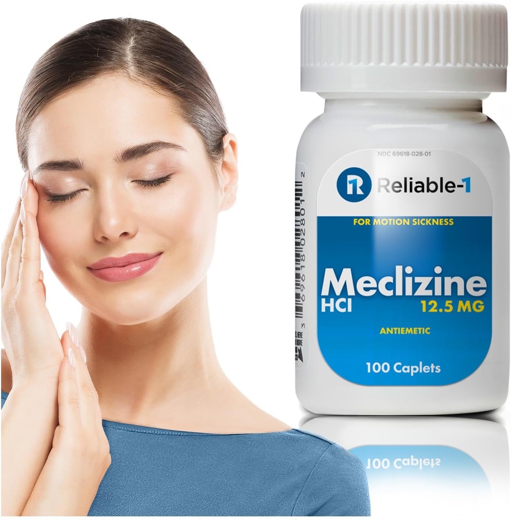 Reliable-1 Laboratories Meclizina HCL 12,5 mg Caplets - Prevenir Náuseas, Vómitos e Tonturas Causadas pela Doença de Movimento (100 Caplets, 1 Garrafa)